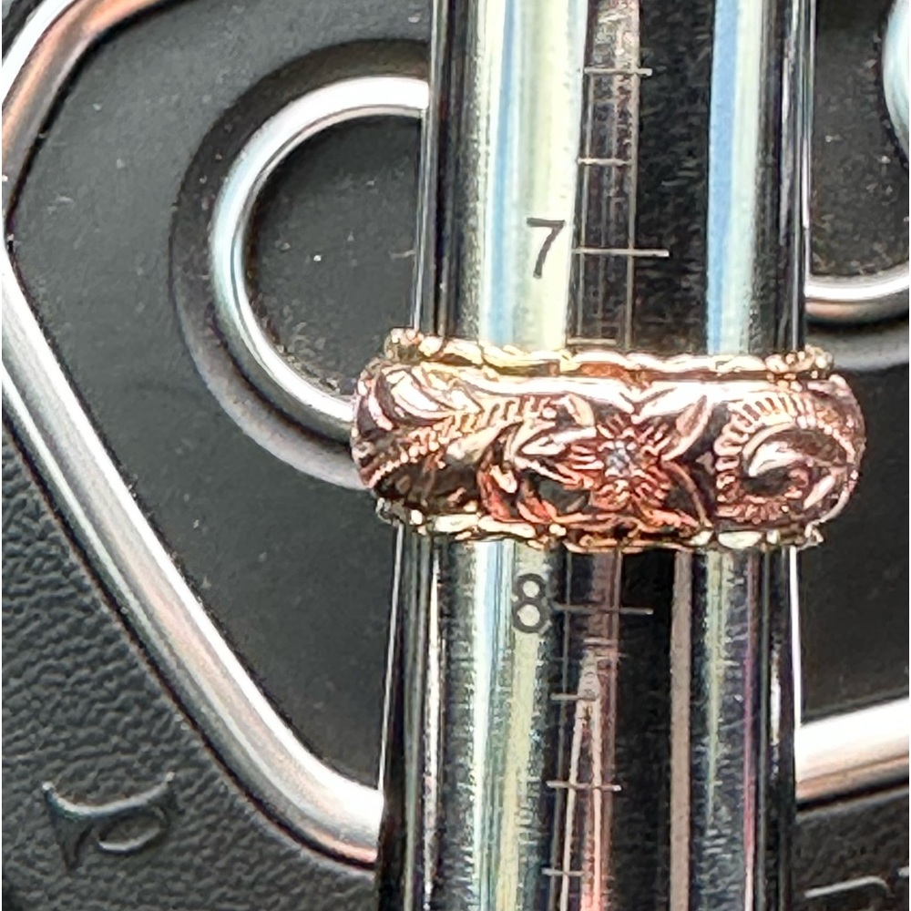 Hawaiian Heirloom Plumeria Wedding Band Rose & Yellow Gold Cubic Zirconia - Picture 10 of 13